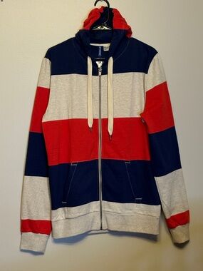 H&M Men's Navy, Red & Light Gray Stripe Zip-Up Hoodie. Pockets. Size M. NWT